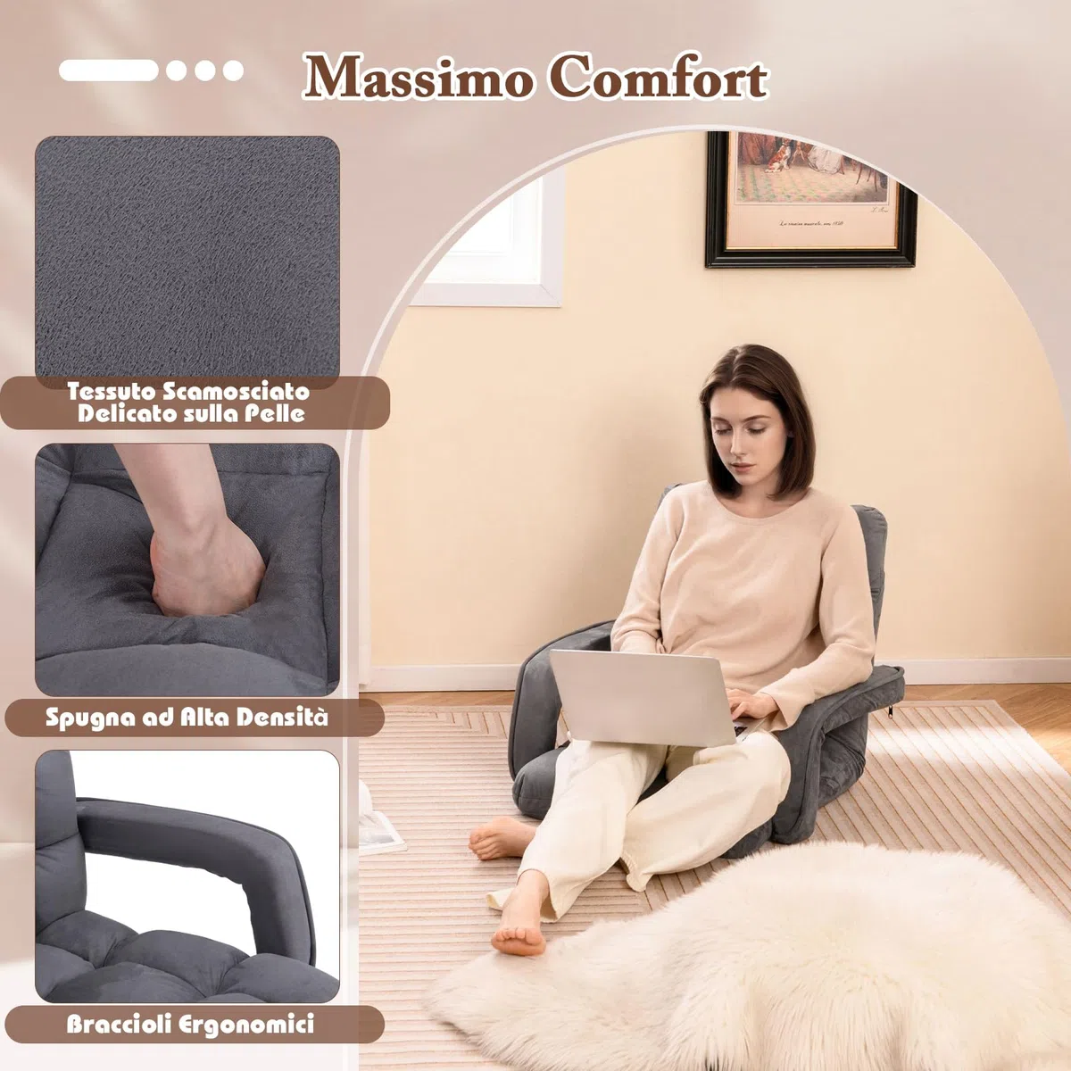 COSTWAY Sedia da Pavimento, Poltrona Divano con Schienale Regolabile 6 Livelli, Sedia Terra con Braccioli, Chaise Lounge per Soggiorno Camera da Letto, 60 x 64 x 54 cm