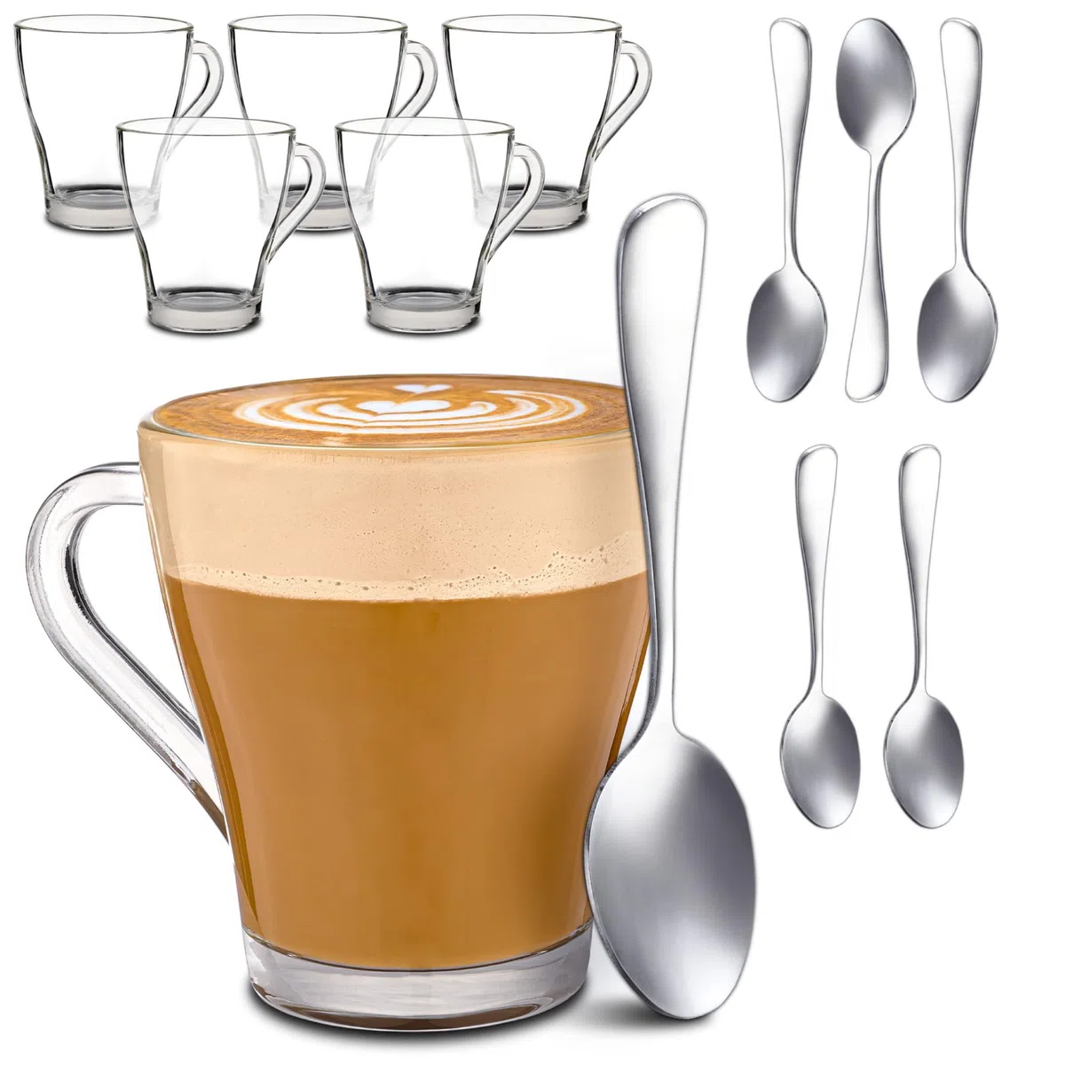 Cosumy 6 Tazze da Cappuccino in Vetro con 6 Cucchiaini - 250ml - Mantengono il Calore - Lavabili in Lavastoviglie adatto alle Microonde - Temprato Tazza Caffe