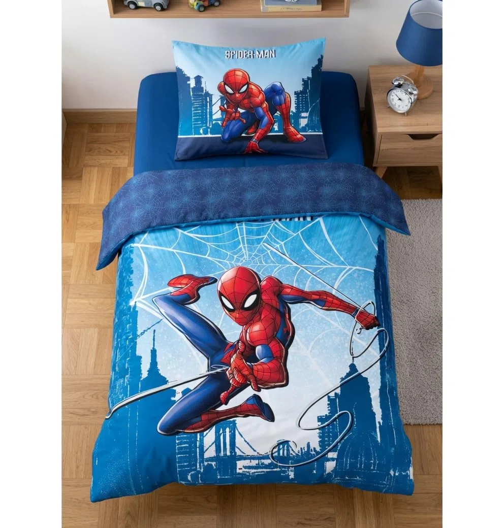 Spider-Man Completo Letto Bambino 140x200 cm - Sacco Copripiumino e Federa 70x90 cm - 100% Cotone Premium - Certificato Oeko-Tex - Design Marvel Uomo Ragno Blu e Rosso