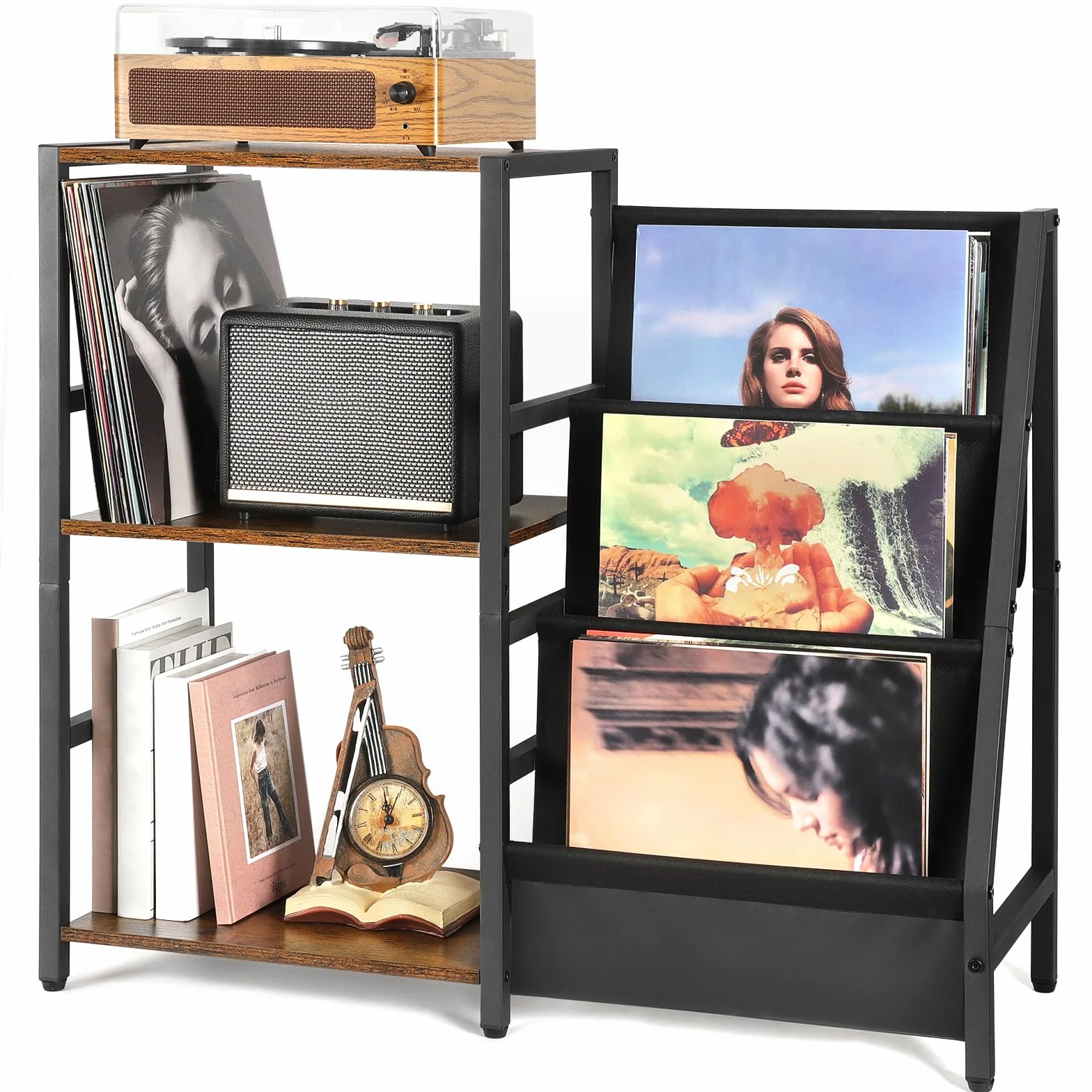 Bikoney Giradischi Vinili Stand Tavolino con Archiviazione Record in Vinile a 3 livelli, Espositore per Dischi in Vinile Fino a 200 album,Gabinetto del Supporto da Record in Vinile per Soggiorno