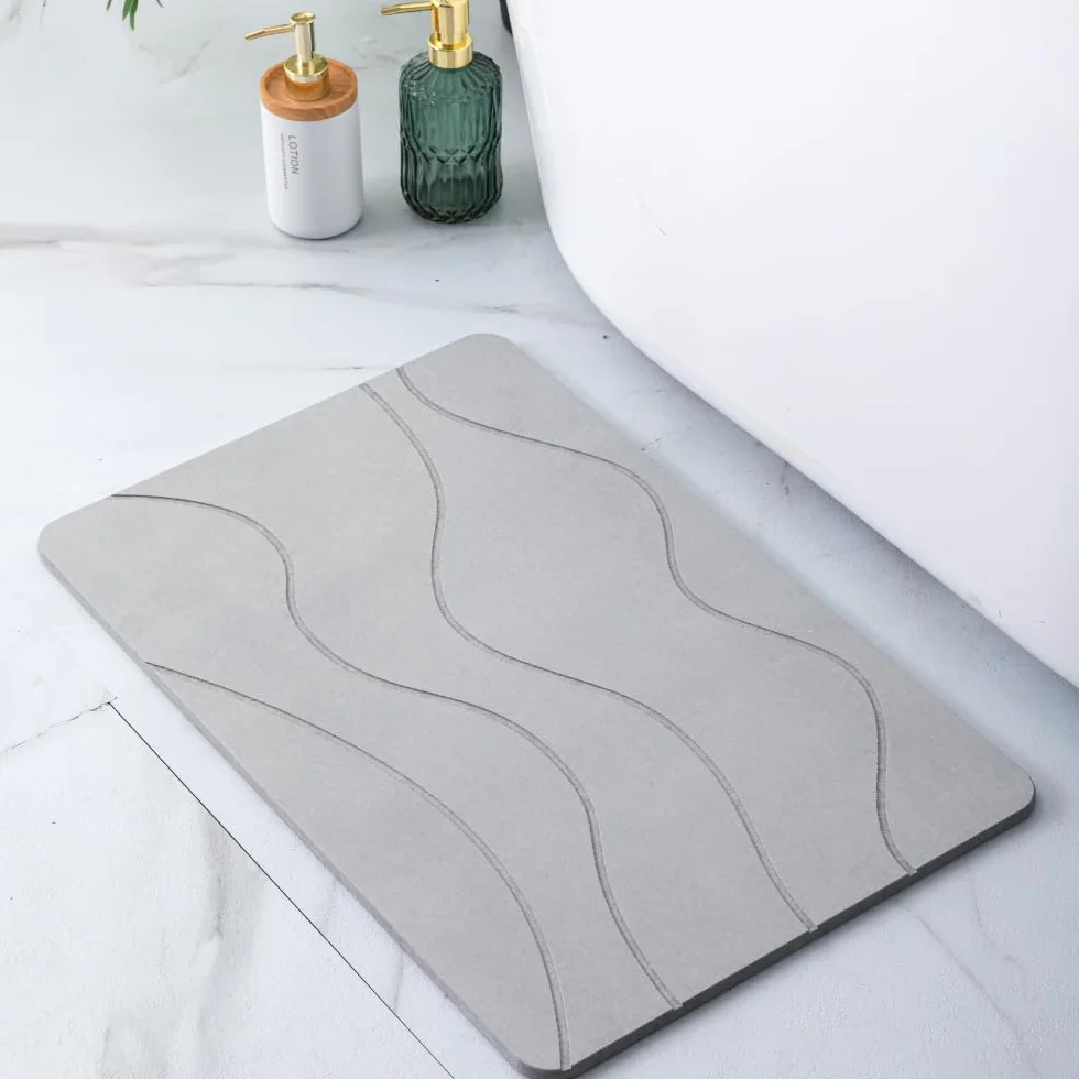 Pure 4Home Tappeto Bagno Diatomite Antiscivolo 60 x 39 cm | Tappetino Doccia Super Assorbente Asciugatura Rapida | Pietra Naturale Antimuffa | Diatomite Stone Bath Mat (Gray Waves)