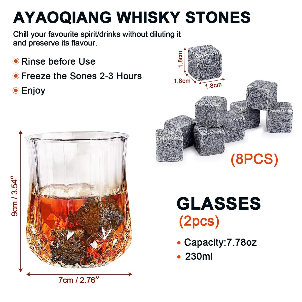 Whisky Stones Set da Regalo da uomo di Pietre e Bicchieri di Whisky, Set di 8 Granito Cubetti di Ghiaccio Riutilizzabil, 2 Bicchieri da Whiskey, Whisky Pietre Set con Sottobicchieri.