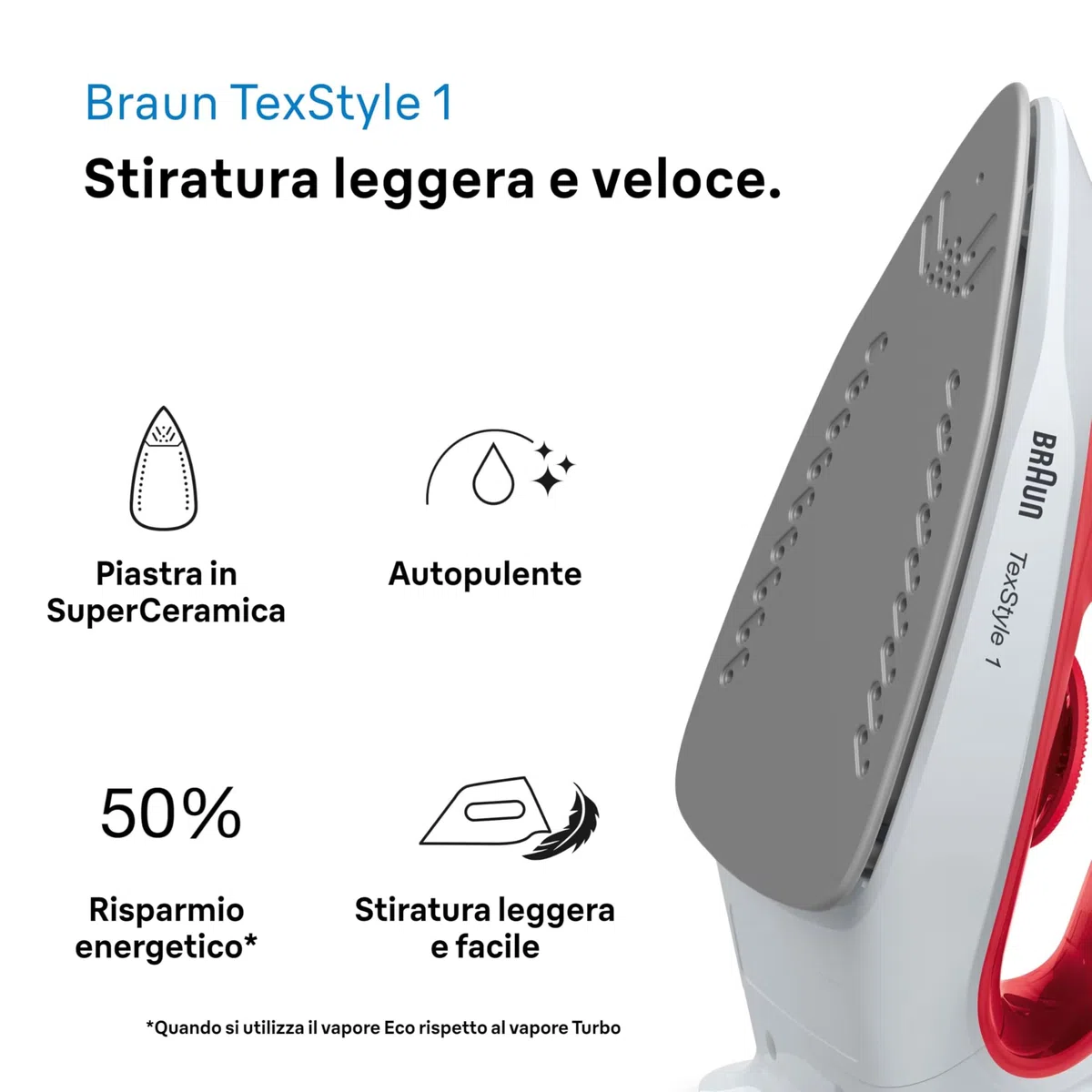 Braun TexStyle 1 SI 1019, Ferro da stiro a Vapore, Rivestimento Antiaderente, Termostato, 25g/min in modalità Turbo, Capacità Serbatoio Acqua 220ml, 1900W, Rosso/bianco