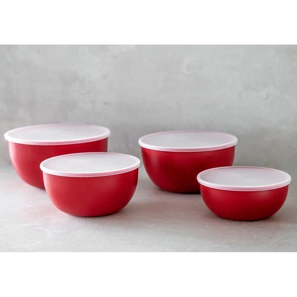 KitchenAid Insalatiere in Plastica con Coperchio, Rosse, Set 4 Ciotole Cucina