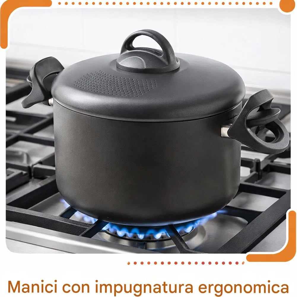 BAKAJI Pentola Scolì da 22 cm con Scolapasta Integrato, Coperchio Autobloccante, Manici Mobili ed Ergonomici, Antiaderente in Alluminio, Colore Grigio, Ideale per Pasta e Spaghetti