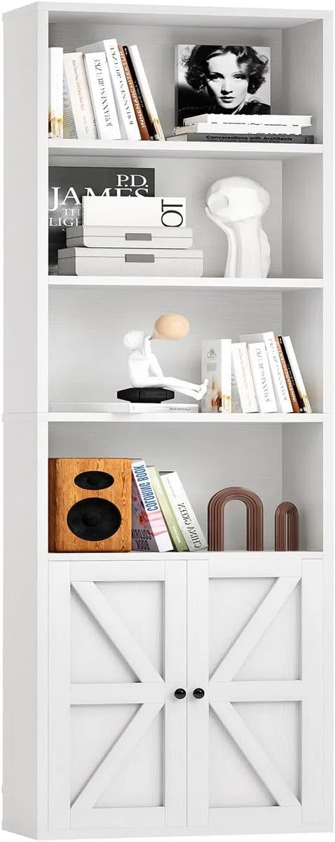 oneinmil Libreria Alta con Ante 6 Ripiani, Scaffale PortaLibri Moderno con Ante e Ripiani Aperti, Mobile Contenitore per Soggiorno, Ufficio, Camera da Letto, 55.5 x 23.5 x 181 cm, Bianco