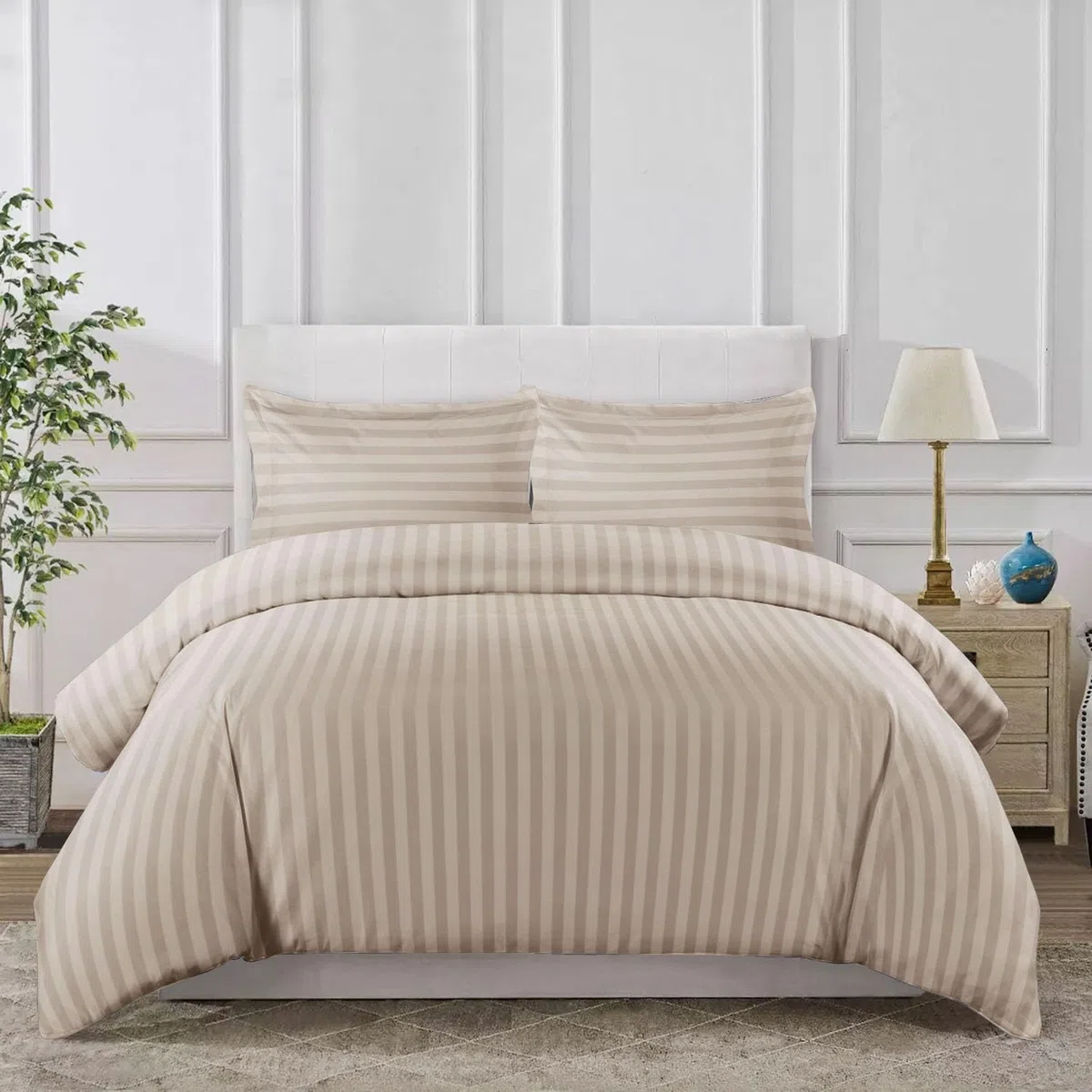 MOONLIGHT20015 Set con copripiumino reversibile per letto matrimoniale, a righe, in raso, set di biancheria da letto matrimoniale con 2 federe, morbido, ipoallergenico, copripiumino (beige, 200 x 200