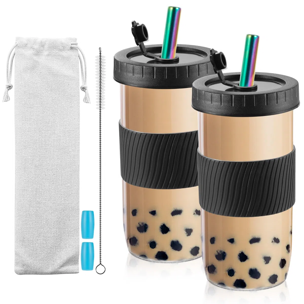 Bubble Tea Cup, Confezione da 2 tazze per frullati, tazza da caffè freddo da 730 ml, tazze in vetro con coperchi e cannucce, bicchiere in vetro riutilizzabile con custodia in silicone
