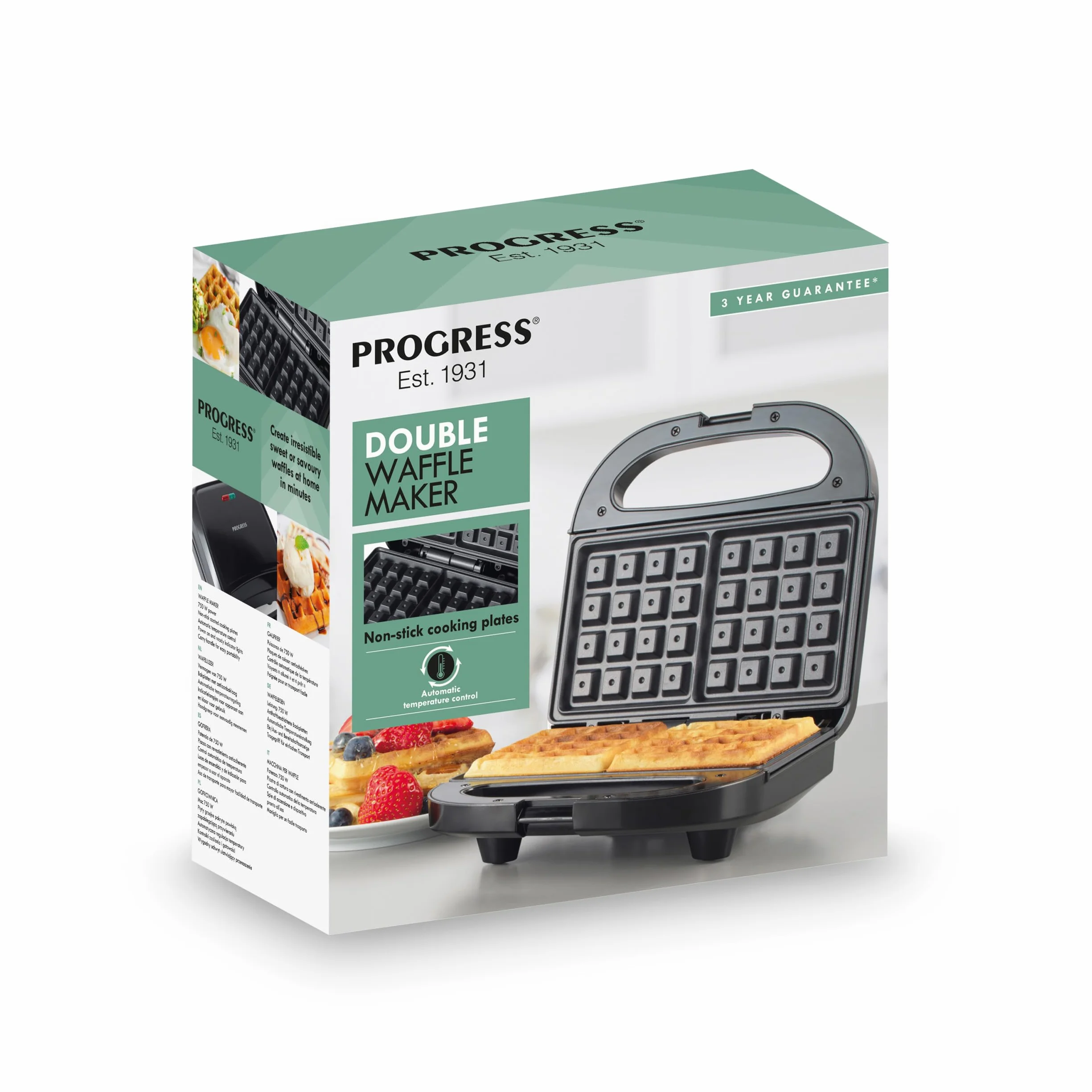 Progress EK5852P Macchina per Waffle doppia – Macchina per dessert elettrica, piastre da cucina antiaderenti, Ferro per waffles belga/americane, controllo automatico della temperatura, 750W