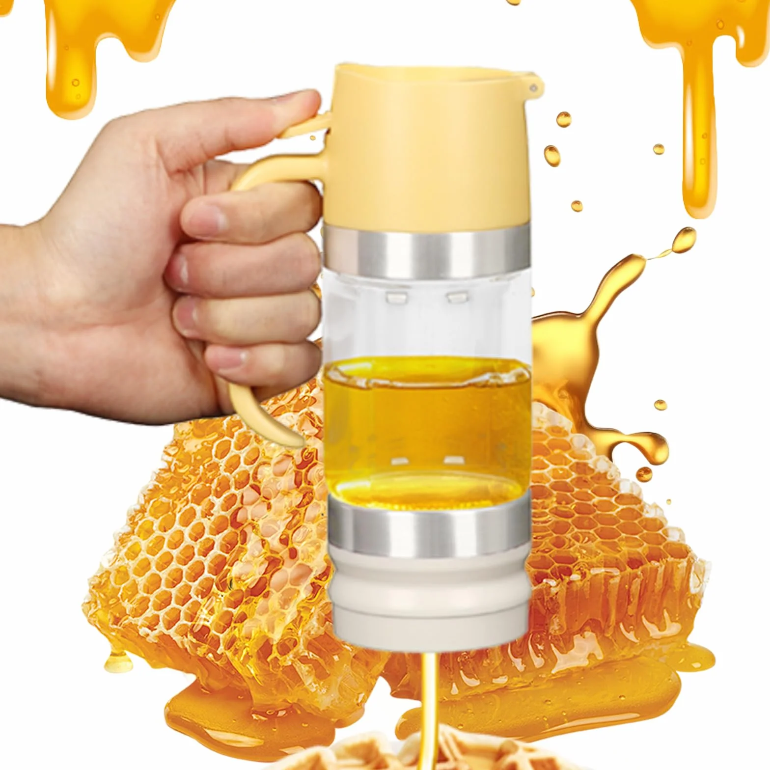 Tefola Dispenser per miele, in vetro, per sciroppo d'acero, antigoccia, con manico, accessori per caffetterie per pancake, caffè, ciotole per cereali, insalata, cucina e bar (giallo, 315ml)