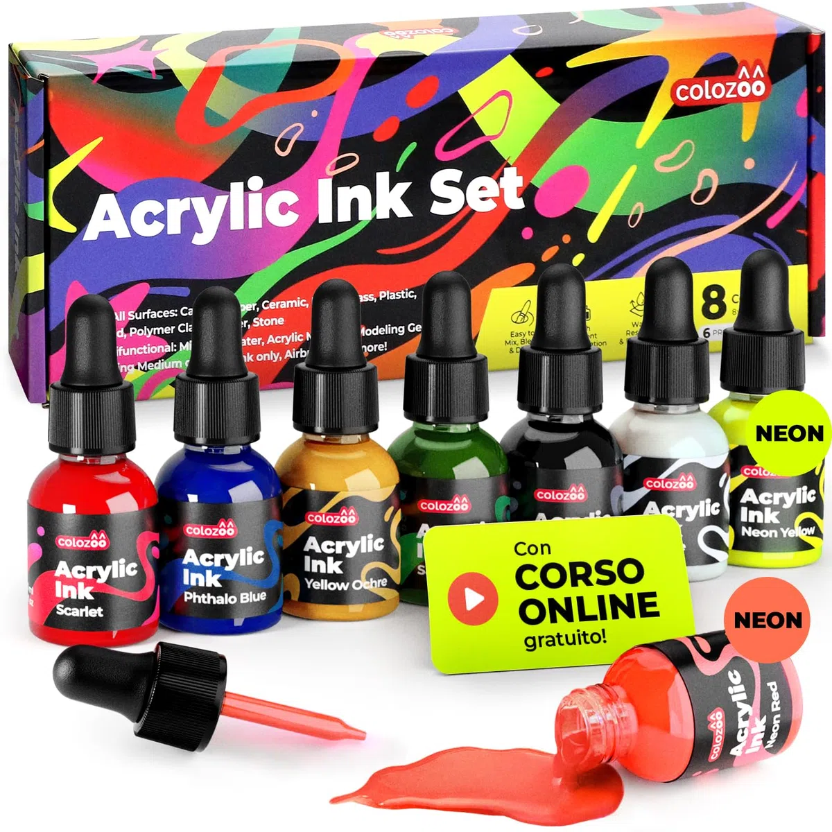 Colozoo Set di Inchiostri Acrilici 8x20ml, permanenti e impermeabili, 6 colori primari e 2 neon, pittura liquida per aerografo, pouring, medium acrilico, per tutte le superfici
