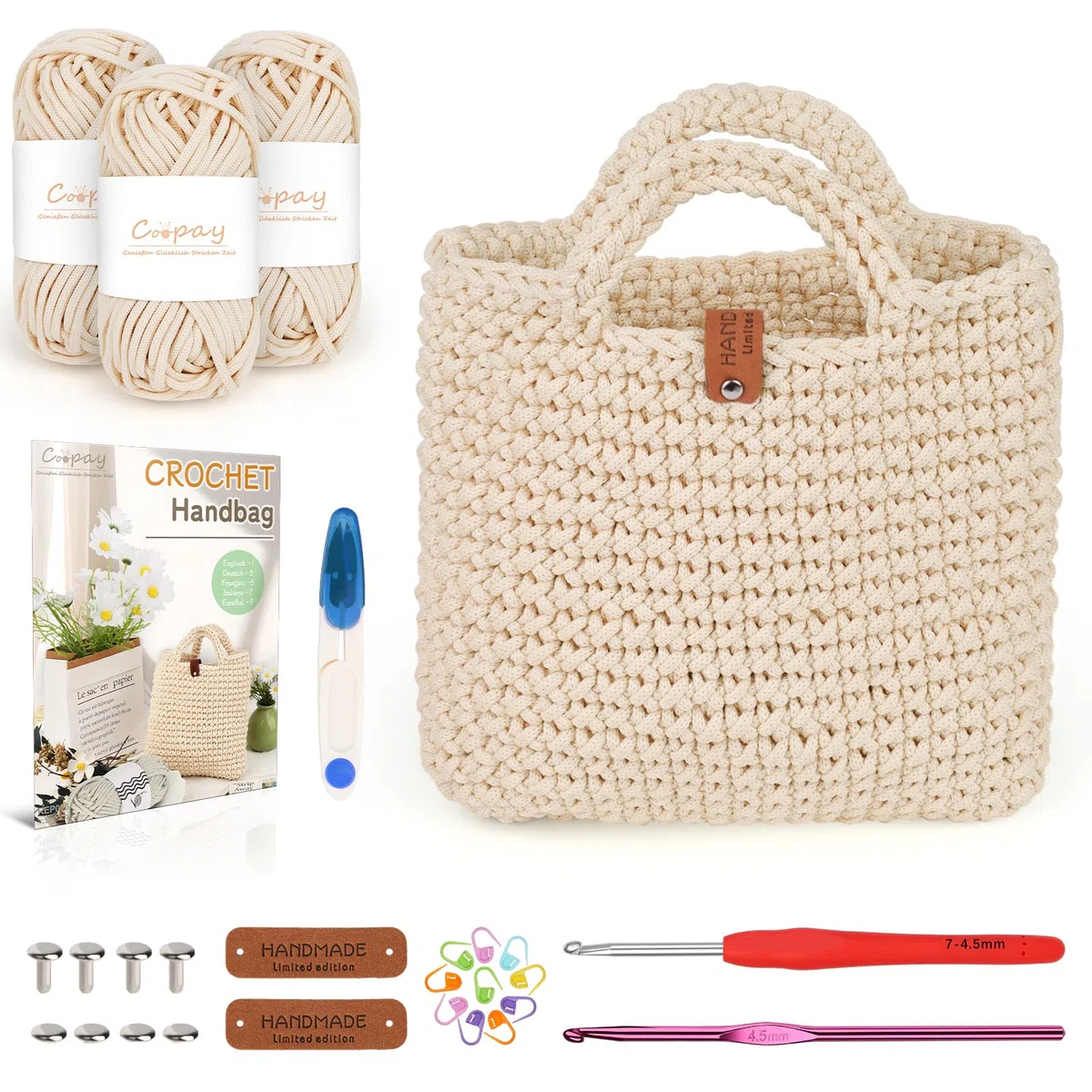 Coopay Set uncinetto per principianti, borsa per uncinetto con ago da 4,5 mm, istruzioni, lana da 5 mm di spessore per uncinetto piccola borsa a mano, regali creativi per figlie, famiglia e amici