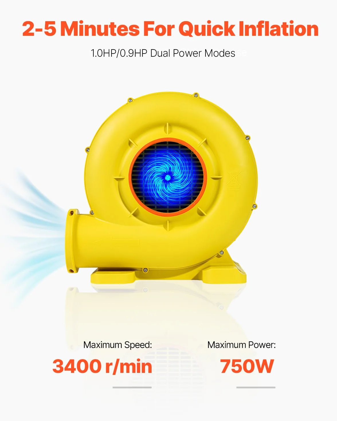 VEVOR Ventilatore Gonfiabile, 590/690 W, Ventilatore Commerciale 0,596/0,745 kW, 2750 Giri/min, Ventilatore Elettrico per Castello Gonfiabile, Casa Divano Gonfiabile, Scivoli d'Acqua, Giallo