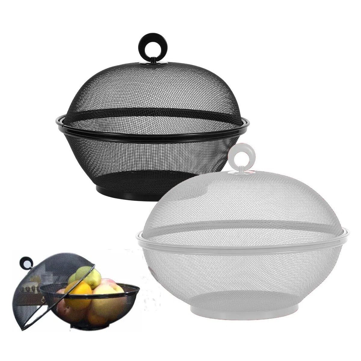 cesto frutta da tavolo, cesta con coperchio,Copertura per alimenti da cucina, anti-zanzare e anti-mosche, rotonda, resistente, per alimenti, frutta e verdura, pane (bianco+ nero)