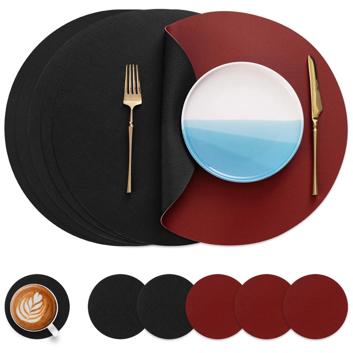 Myir JUN Tovagliette in Pelle e Sottobicchieri, Set di 6 Tovagliette Rotonde e sottobicchieri 38cm Rotonde Tovagliette Americane Bifacciale Non-scivolose Impermeabile (Rosso & Nero, Set di 6)