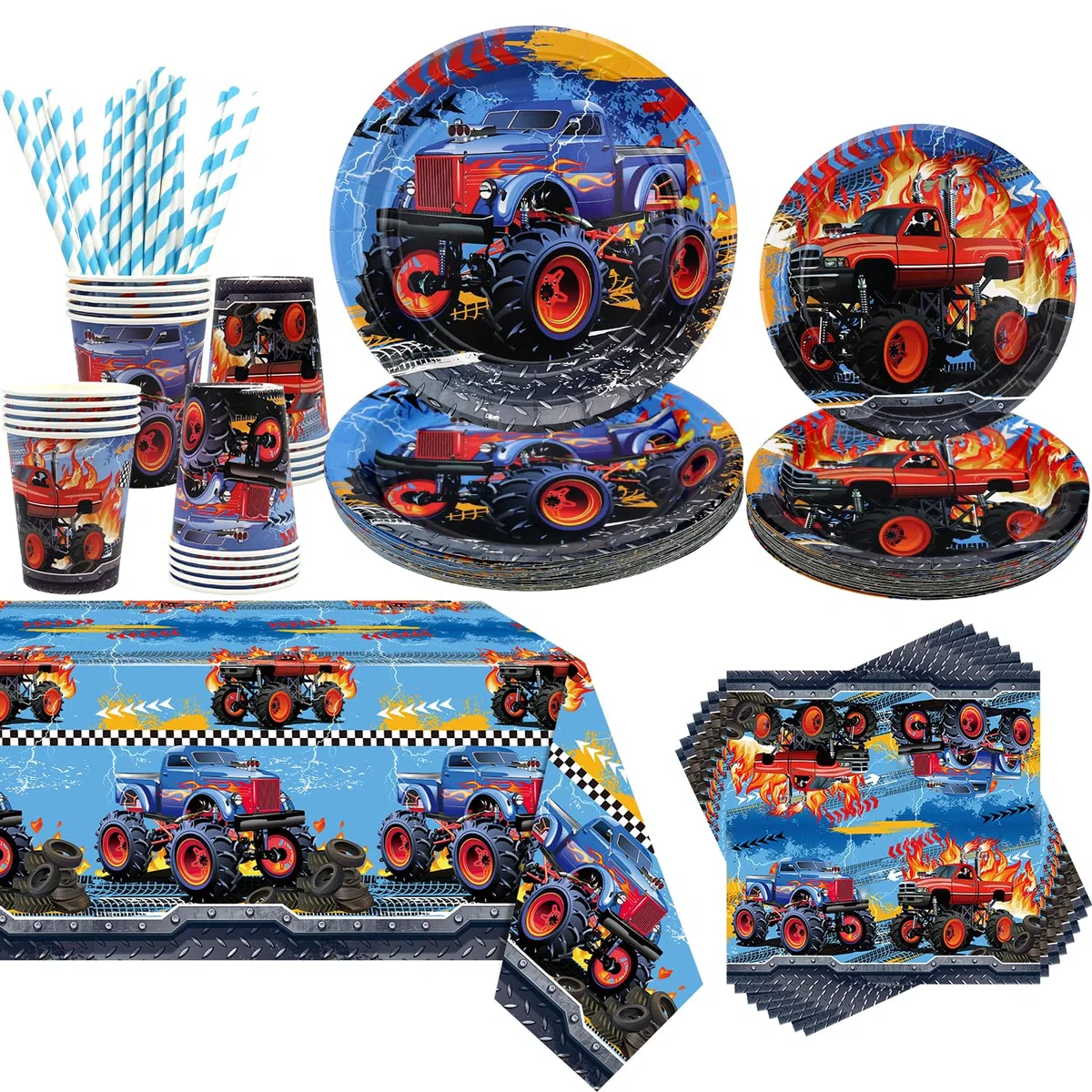 Forniture per feste di compleanno con camion mostro - Kit di decorazioni per feste con camion mostro, inclusi piatti, tazze, tovaglioli, cannucce, tovaglia (20)