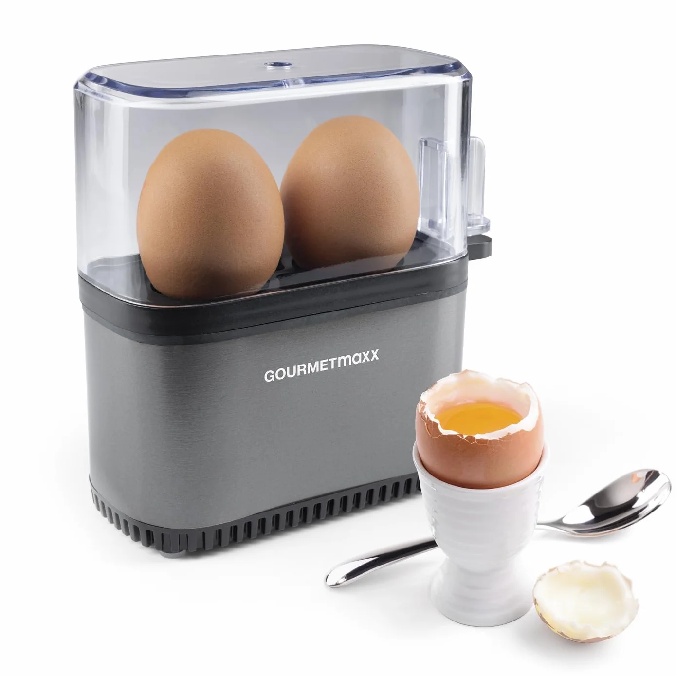 GOURMETmaxx Cuociuova per 2 uova, scaldabagno con tagliauova nel misurino, 3 gradi di durezza per il tuo portauova, design cuociuova piccolo, parti lavabili in lavastoviglie