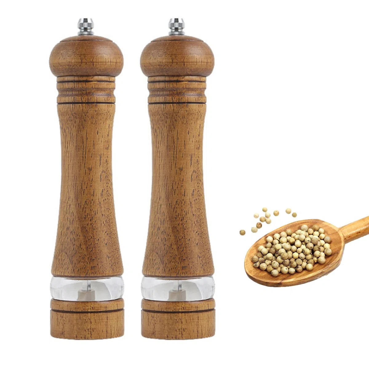 Macina Pepe Set di 2 Pezzi Legno,Macina Sale e Pepe Manuale con Trasparenti Finestra in Acrilico,Saliera e Pepiera con Regolabile Macinino in Ceramica per Sale, Pepe, Spezie,Macinapepe Manuale