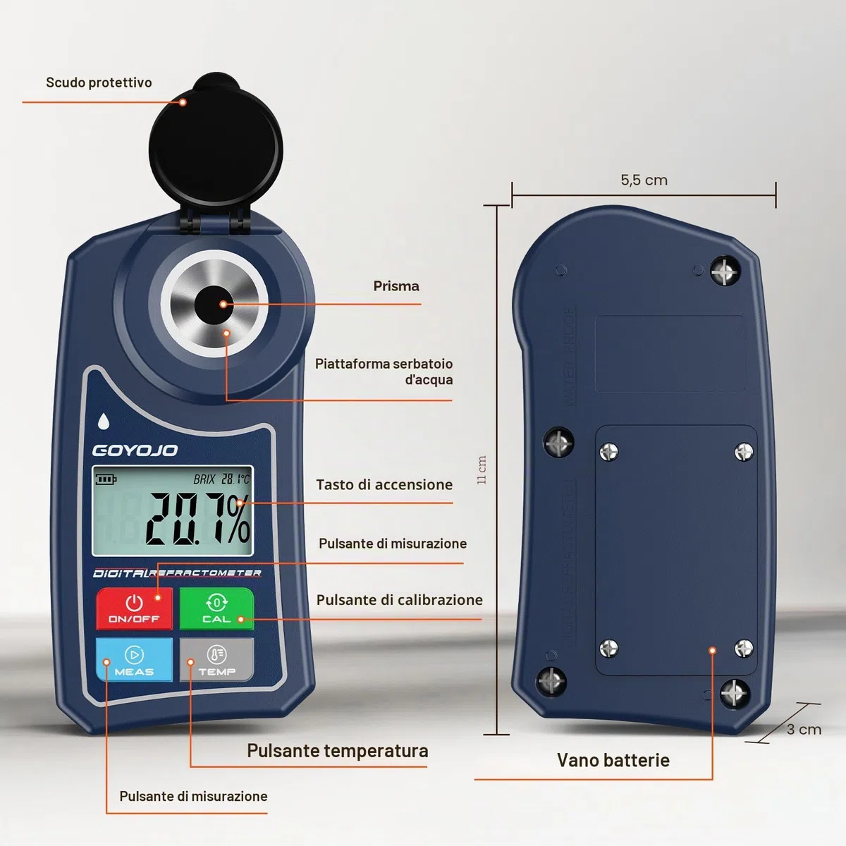 Rifrattometro Digitale Brix con Compensazione Automatica della Temperatura, per Campioni d'Acqua, Alimenti, Frutta, Bevande e Contenuto Zuccherino delle Colture (0,0-55,0% Brix)