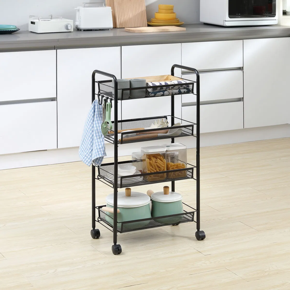 HOMCOM Carrello da Cucina Salvaspazio a 4 Livelli con Cestini a Rete, Carrello Portaoggetti per Salotto e Camera in Acciaio, 45x26.5x84 cm, Nero