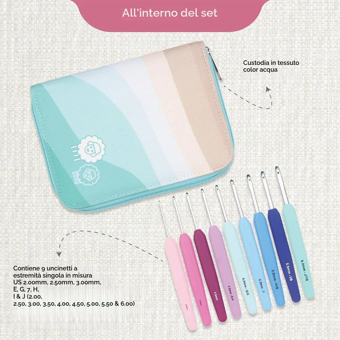 KnitPro Waves - Set di 9 uncinetti Deluxe, misure da 2 a 6 mm, impugnatura morbida ergonomica, impugnatura in gomma morbida per mani artritiche, ferri da uncinetto leggeri e comodi per lavorare a
