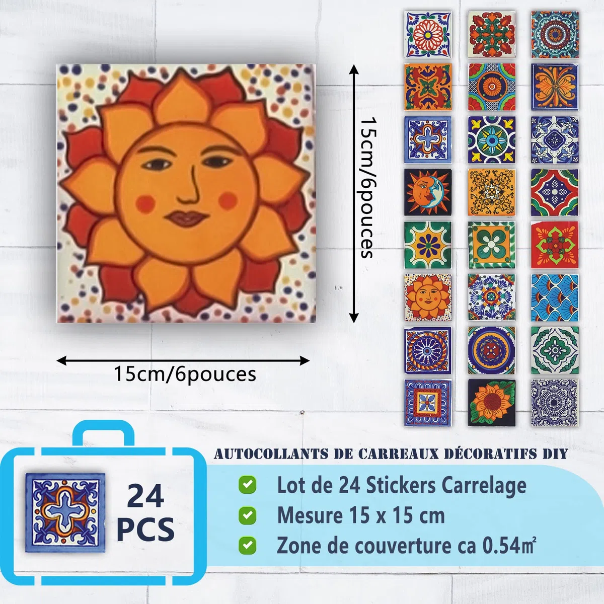 24Pz Adesivi per Piastrelle Decorazione Murale Bagno Cucina Parete Adesivi Impermeabile PVC Adesivi Decorazione - Adesivo 2D con Design retrò in Stile Mosaico (15x15cm)