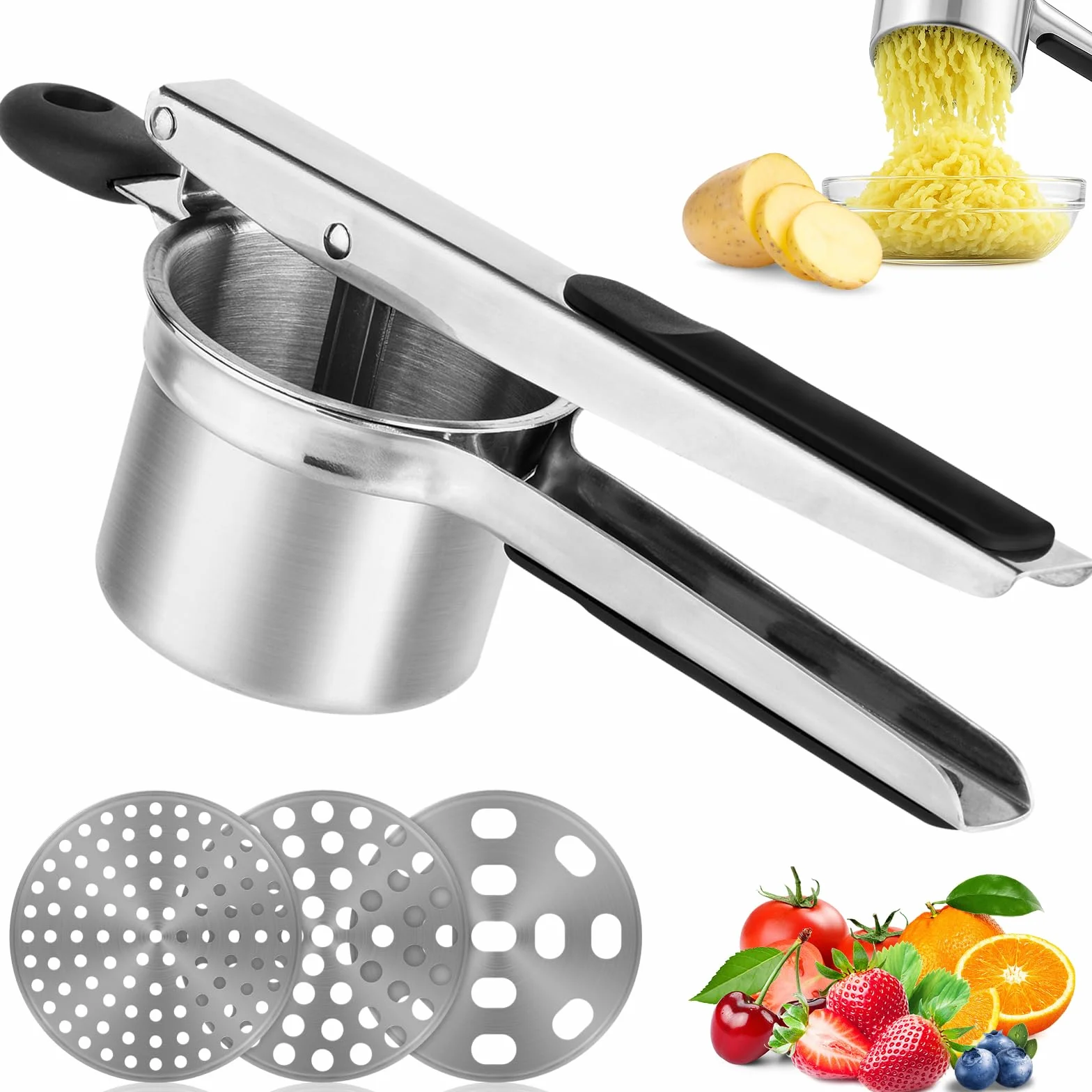 CIRULLI schiacciapatate,schiacciapatate Acciaio inox a tre Maglie Intercambiabili,torchio per Melanzane in Acciaio inox per Preparare Purè di Patate,Puree e Succhi di Verdure lisci come Spremiverdure
