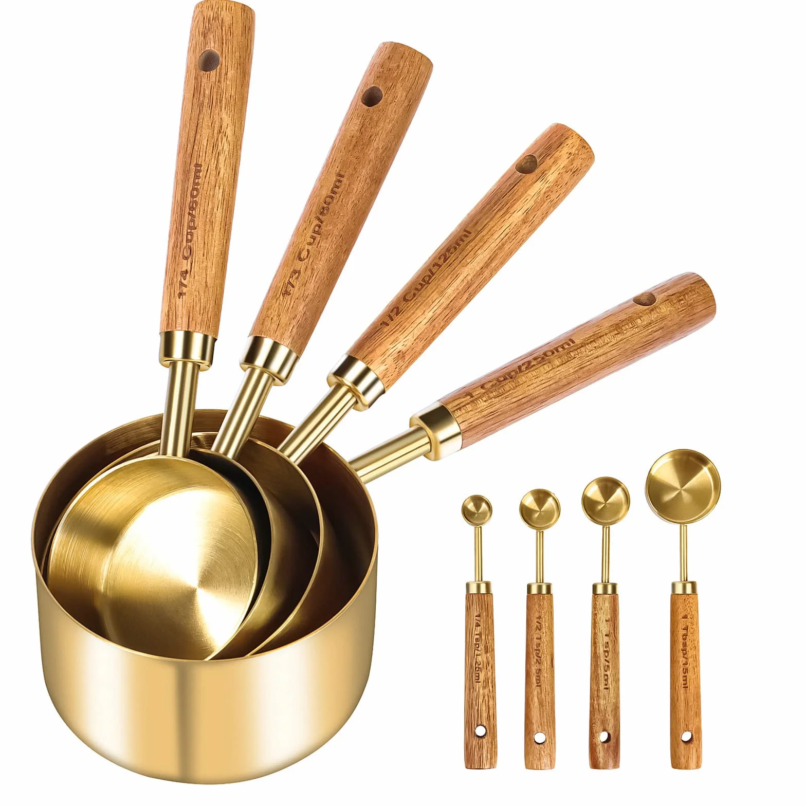 Cuteefun Set Di 8 Misurino Graduato, Misurini Cucchiai Con Misure Metriche E Americane, Acciaio Inossidabile, Finitura Lucida Dorata, Per Razioni A Secco E Liquidi, Per Cucinare E Cuocere Al Forno