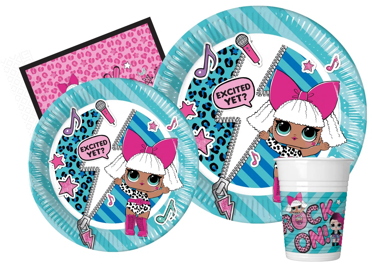 Kit Party Tavola L.O.L. Surprise! Rock On! per 24 persone (112 pezzi: 24 piatti Ø23cm, 24 piatti Ø20cm, 24 bicchieri 200ml, 40 tovaglioli 33x33cm)