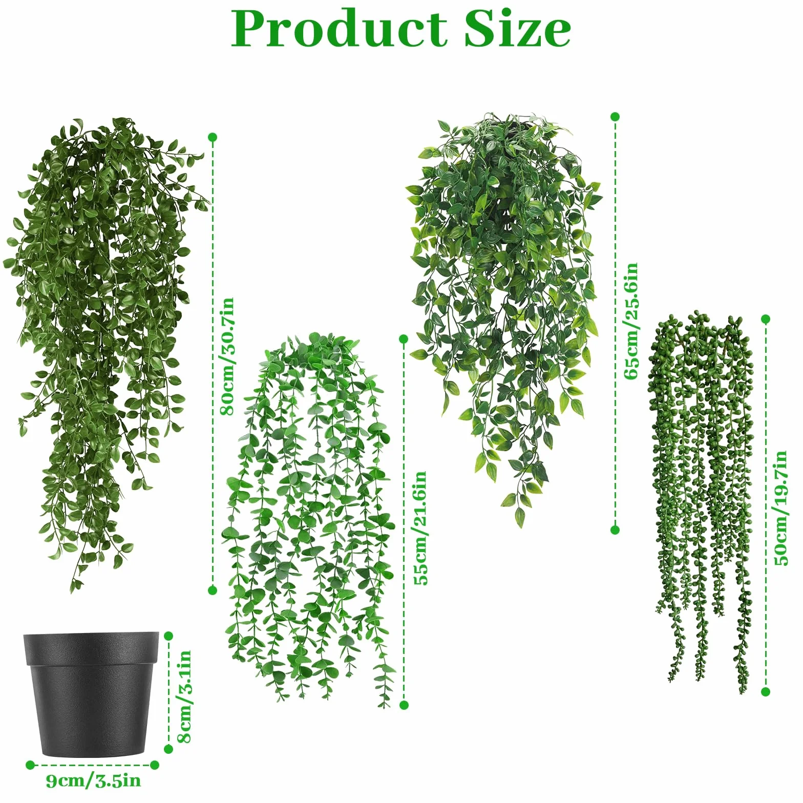 Auauraintt 4 Pezzi Finte Cadenti, 55-80 cm Pianta, Pendenti Artificiali con Vaso, Plastica per Decorazione Matrimonio Giardino Casa Balconi