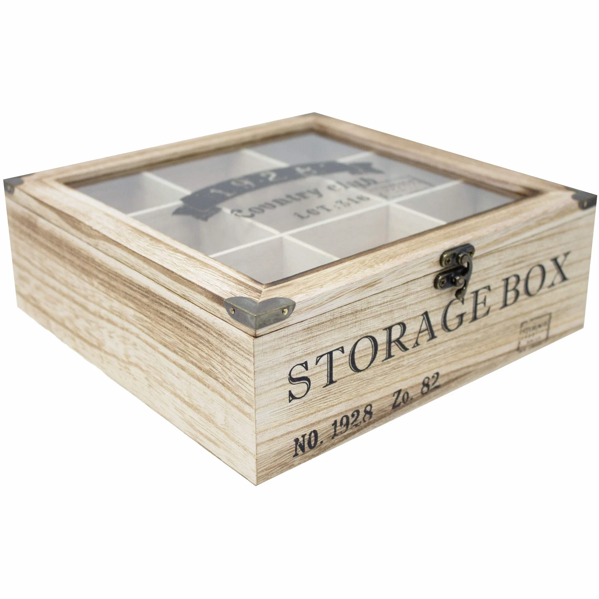 ToCi Scatola da tè in legno naturale con 9 scomparti – Scatola rettangolare con finestra in stile vintage – Contenitore per tè per bustine di tè, spezie e piccole parti | 24 x 24 x 8,5 cm
