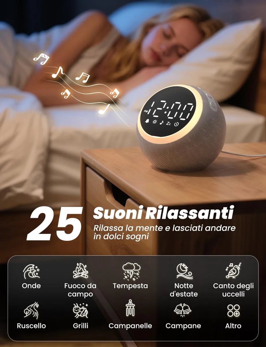 LIORQUE Sveglia con Rumore Bianco e Luce, Macchina Rumore Bianco, 25 Suoni Rilassanti, Volume Regolabile e Luce Notturna, Timer di Spegnimento, Ideale per Neonati, Bambini e Adulti
