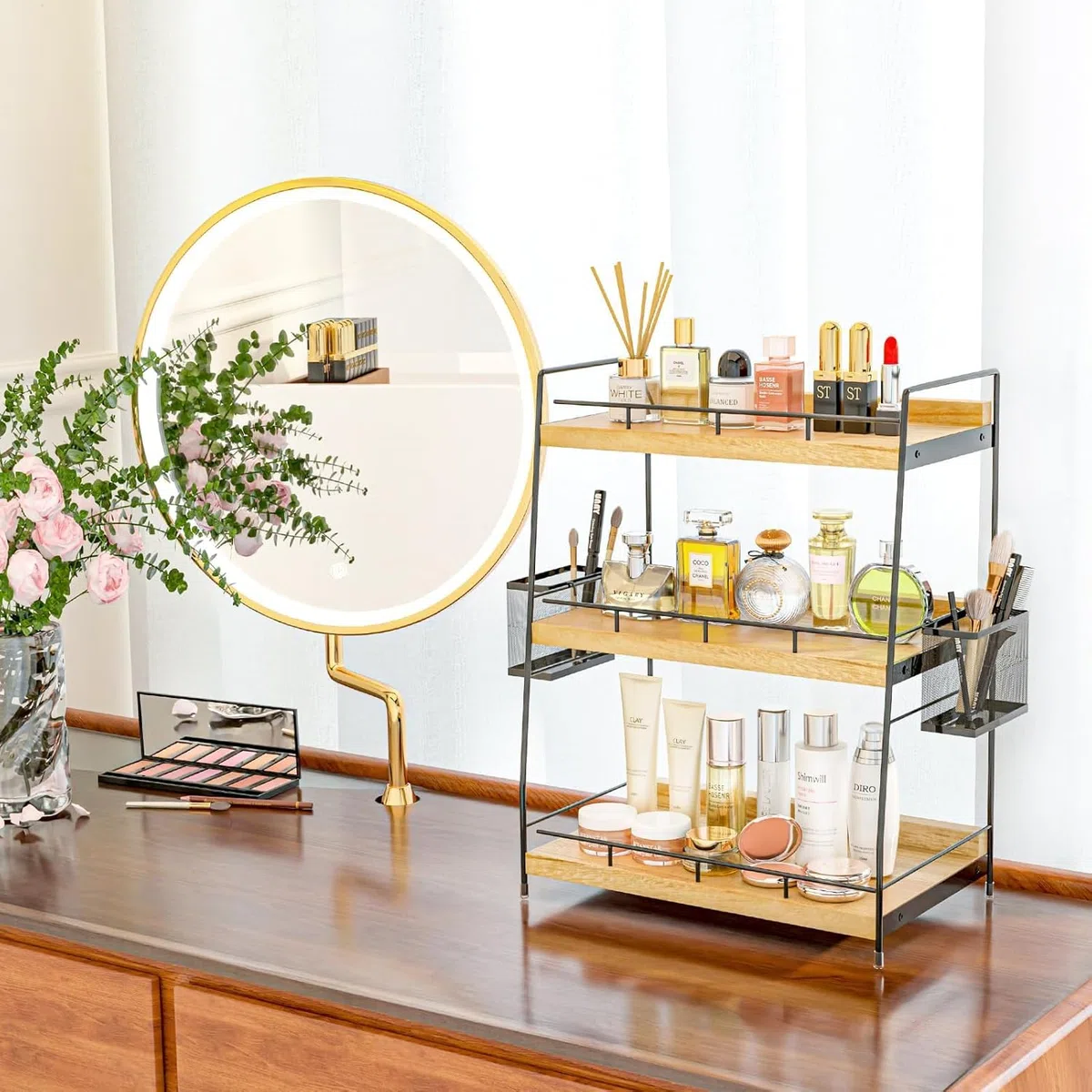 Organizzatore da Banco per il Bagno con 2 Cestini, Contenitori per Cosmetici a 3 Livelli, Piccolo Scaffale in Legno per Spezie, Organizer per Bagno, Scrivania, Ufficio, Cucina, Casa