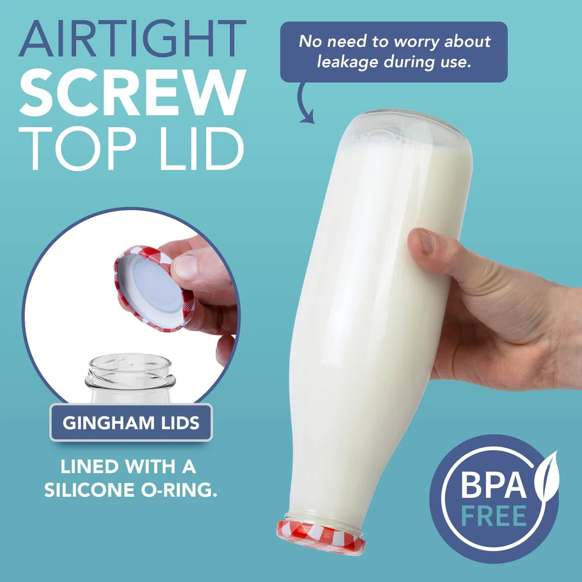 HEFTMAN Bottiglie per latte in vetro con coperchio, vuote, 1 litro, bottiglia per latte in vetro ermetica con coperchio rosso in Gingham, per bevande, liquidi e decorazioni, bottiglie per succhi in