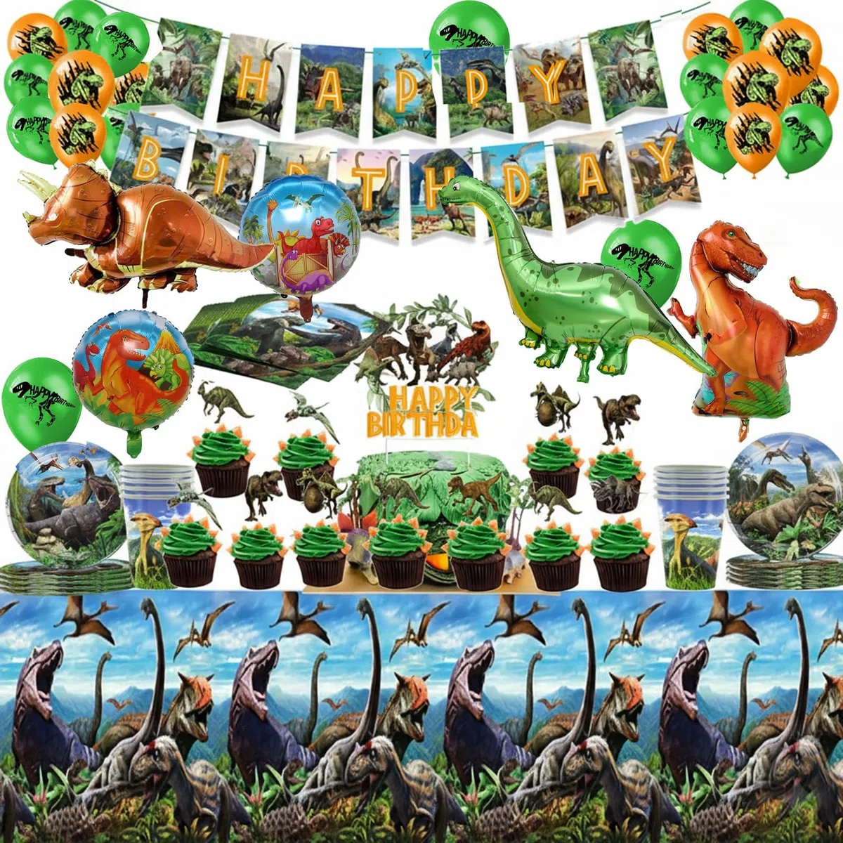 Dinosauro Stoviglie Compleanno,86Pcs Addobbi Compleanno Dino,Kit Feste Dino,Banner,Piatto,Tovaglia,Decorazioni Compleanni