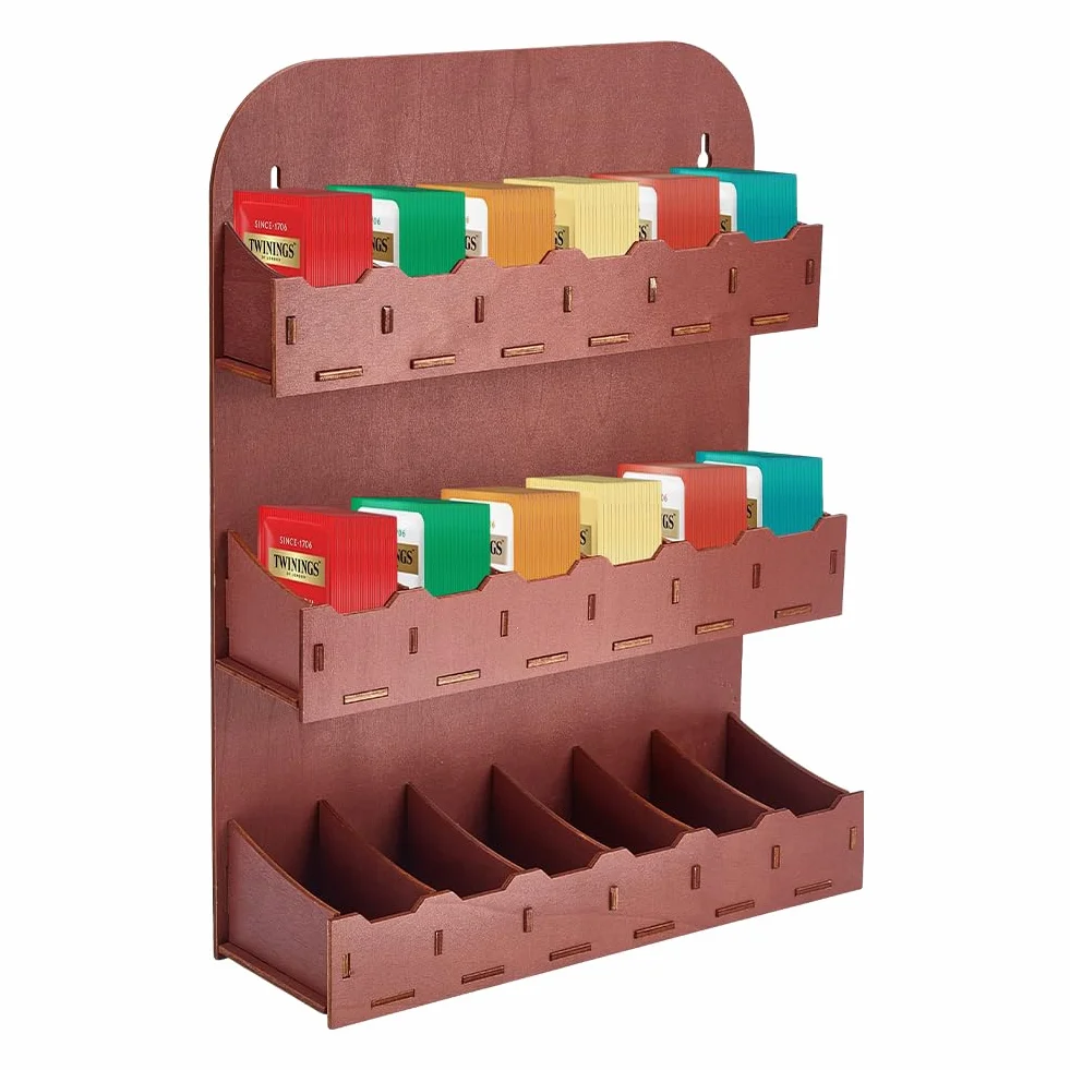 UNICRAFTALE Porta bustine da tè a 3 ripiani, in legno, marrone, verticale, organizer da parete, contenitore per tè, supporto per armadio, piano di lavoro, 27,2 x 9 x 36 cm