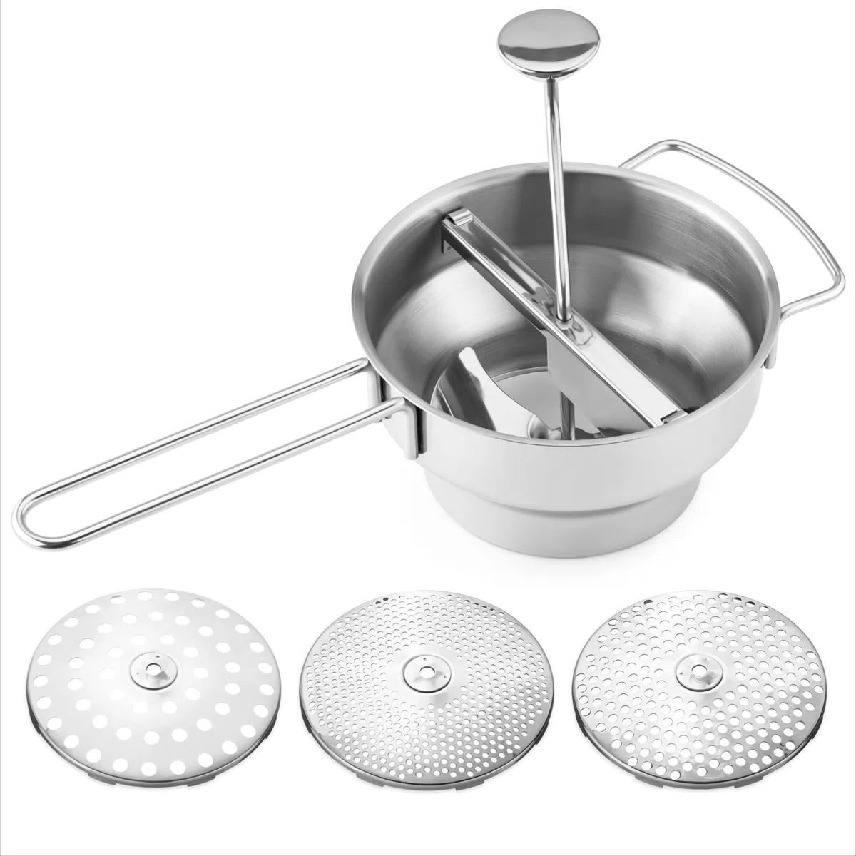 Navaris Passaverdure Manuale in Acciaio Inox Ø 20,5 cm - Passapomodoro Manuale e Passaverdura - Passa Verdure a Mano con 3 Dischi - Passatutto per Frutta Purè Salse Zuppe Vellutate