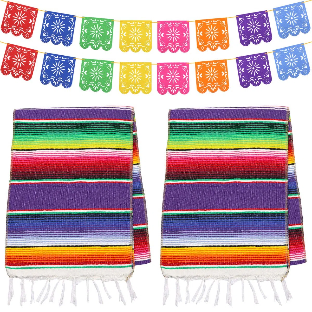 Dreamtop 2 Pezzi Runner Messicani da Tavolo 35,5 x 213 cm Messicano Serape Tavolo Runner Messicano striscia runner da tavola 16 Striscioni Picado con 8 Colori per Feste, Matrimoni