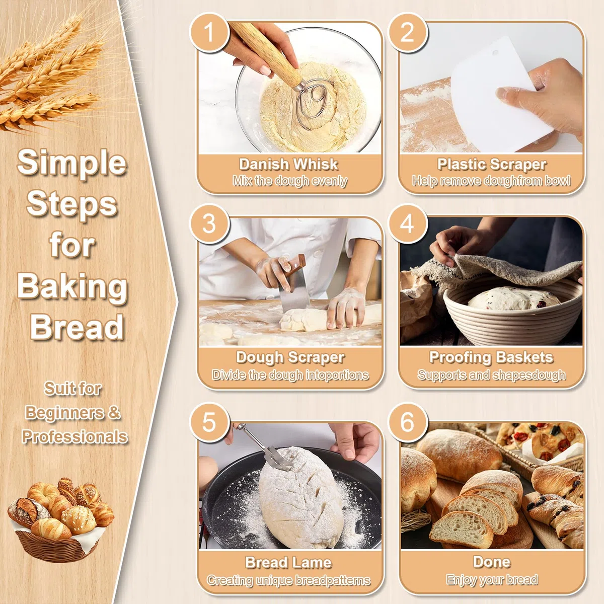 Cestino per Lievitazione del Pane Set,23 cm, Rotondi e 25 cm, Ovali, 100% Rattan Naturale, con Raschietto per Impasto, Inserto in Lino, Frusta per Pasta e Pane Zoppo, Accessorio
