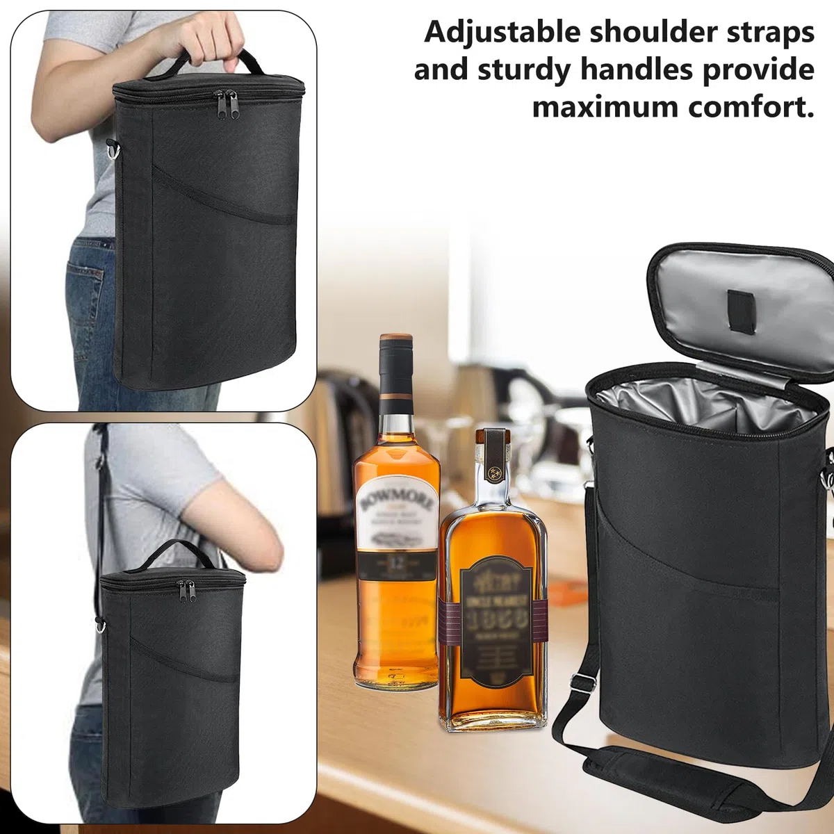 Borsa termica per vino, borsa per bottiglie, borsa frigo, borsa termica per vino, borsa termica isolata, borsa termica per vino portatile con cinghia, per 2 bottiglie di vino, bicchiere da vino