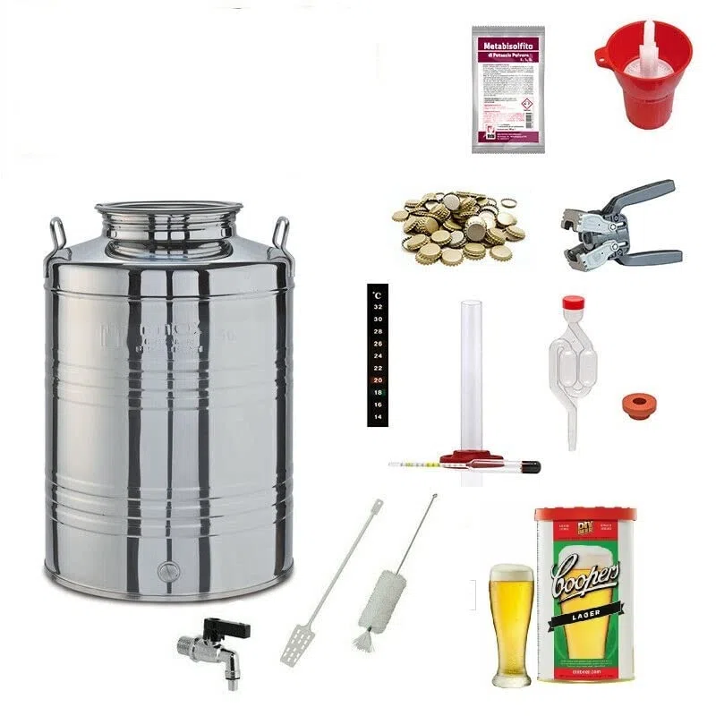 KIT DI FERMENTAZIONE BIRRA ACCIAIO INOX 18/10 FUSTO 50LT+ACCESSORI+MALTO COOPERS