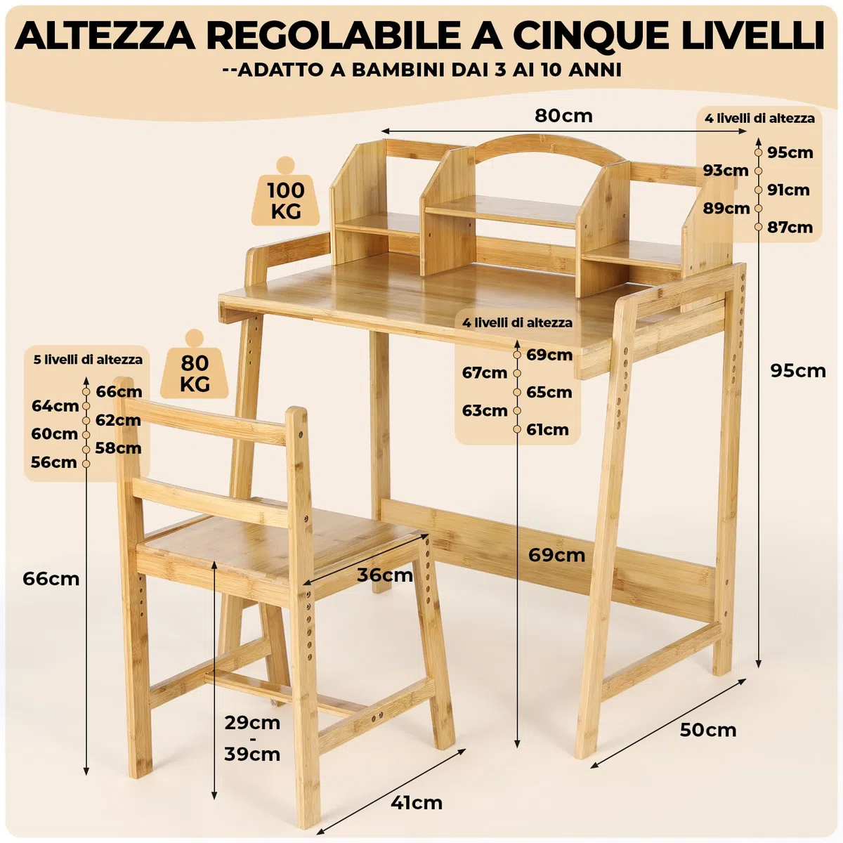 Scrivania per bambino Regolabile in Altezza, con Sedia, in Legno di Bambù, Supporto per Libri, Set da Scrivania, Colore Naturale