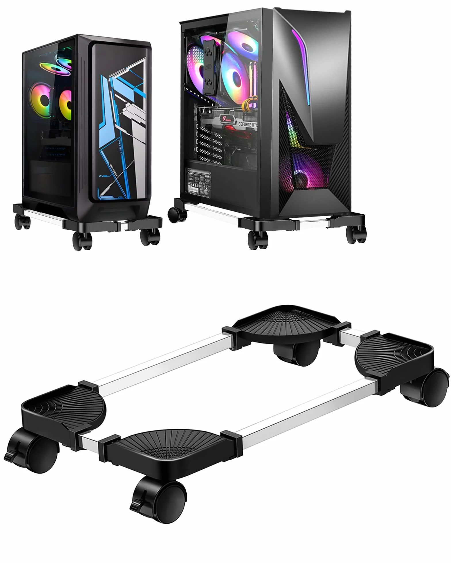 Supporto per CPU per PC, Supporto da terra con ruote per CPU, Supporto per case del computer, Rimovibile e regolabile con freni, Per computer desktop (Nero)