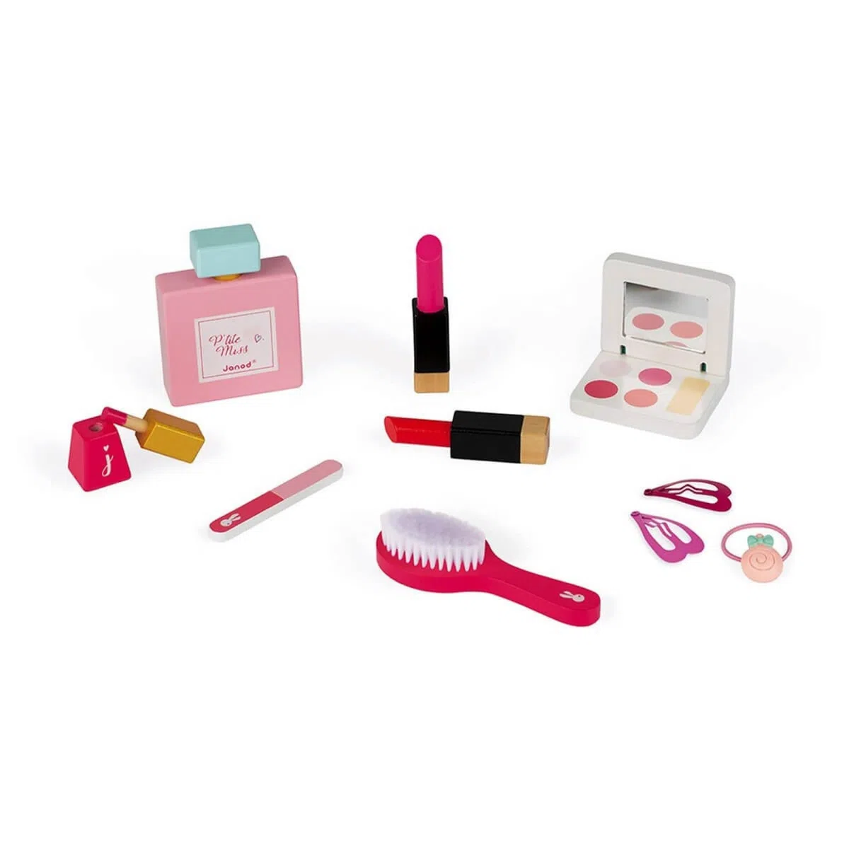Janod - Toelettatura per Bambini in Legno P'tite Miss - 10 Accessori Inclusi - Imitazione e Sviluppo - A Partire dai 3 Anni, J06553, Rosa e Bianco