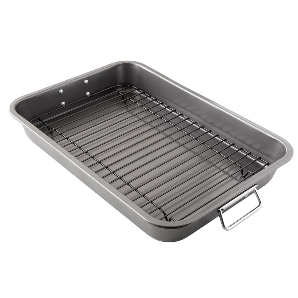 Chef Pomodoro Teglia con Griglia da Forno (41 x 28 cm), Teglia Forno Rettangolare Antiaderente in Acciaio al Carbonio, Gratella di Raffreddamento per Arrosti e Fritti