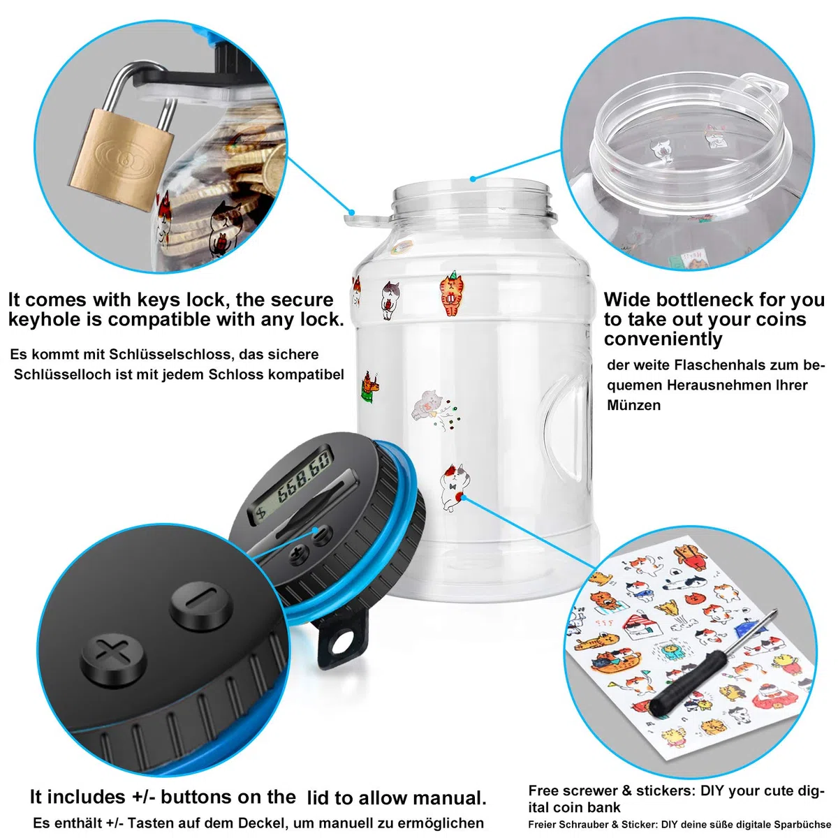 MOMMED Salvadanaio Elettronico Digitale EUR Contatore, Automatico Angolo Contante Money Box per Bambini e Adulti, 1,8L Con Schermo LCD, Scatola di Risparmio di Denaro Grande