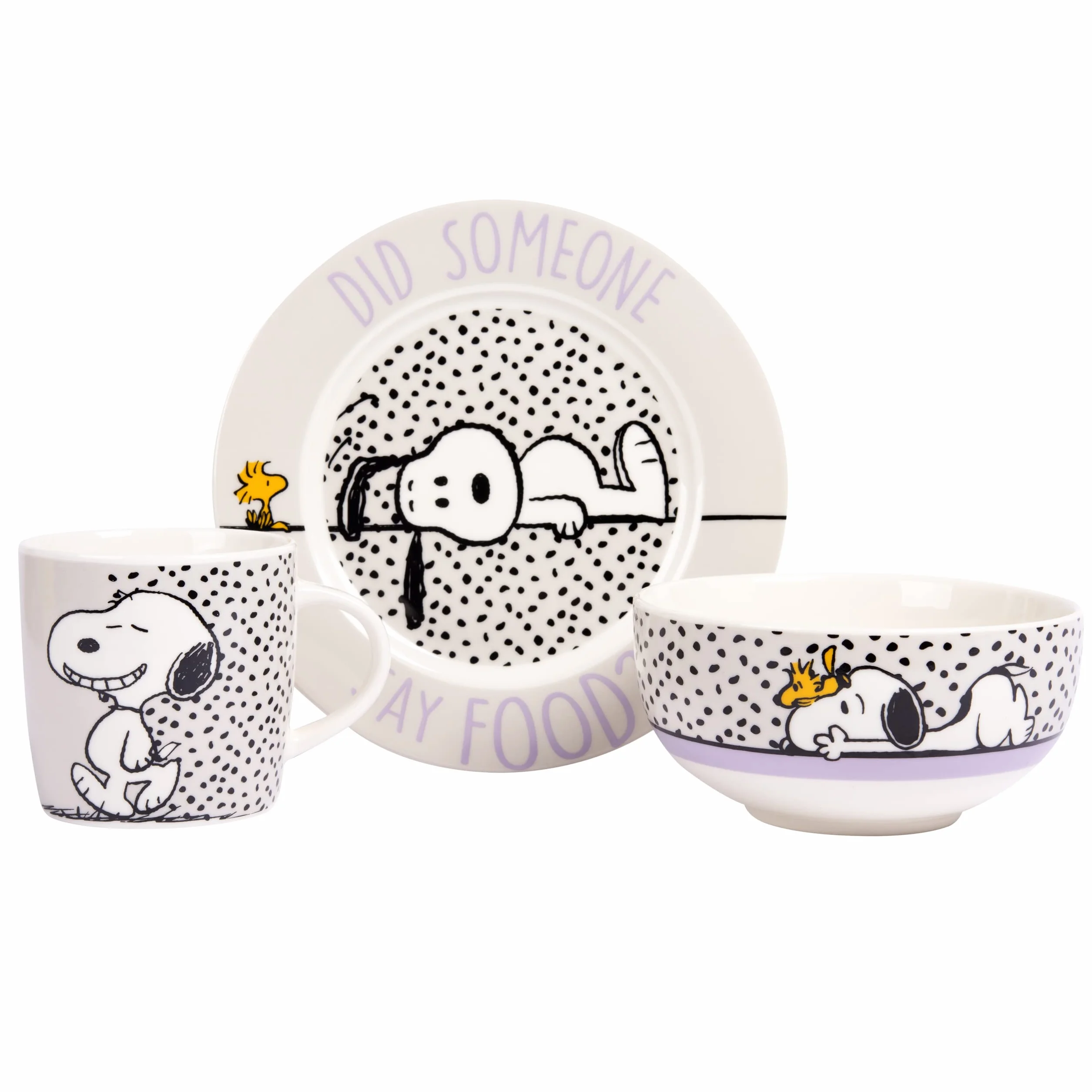 Set da colazione dei Peanuts Snoopy - Qualcuno ha detto cibo! Set di stoviglie 3 pezzi, piatto, ciotola e tazza in porcellana Bianco