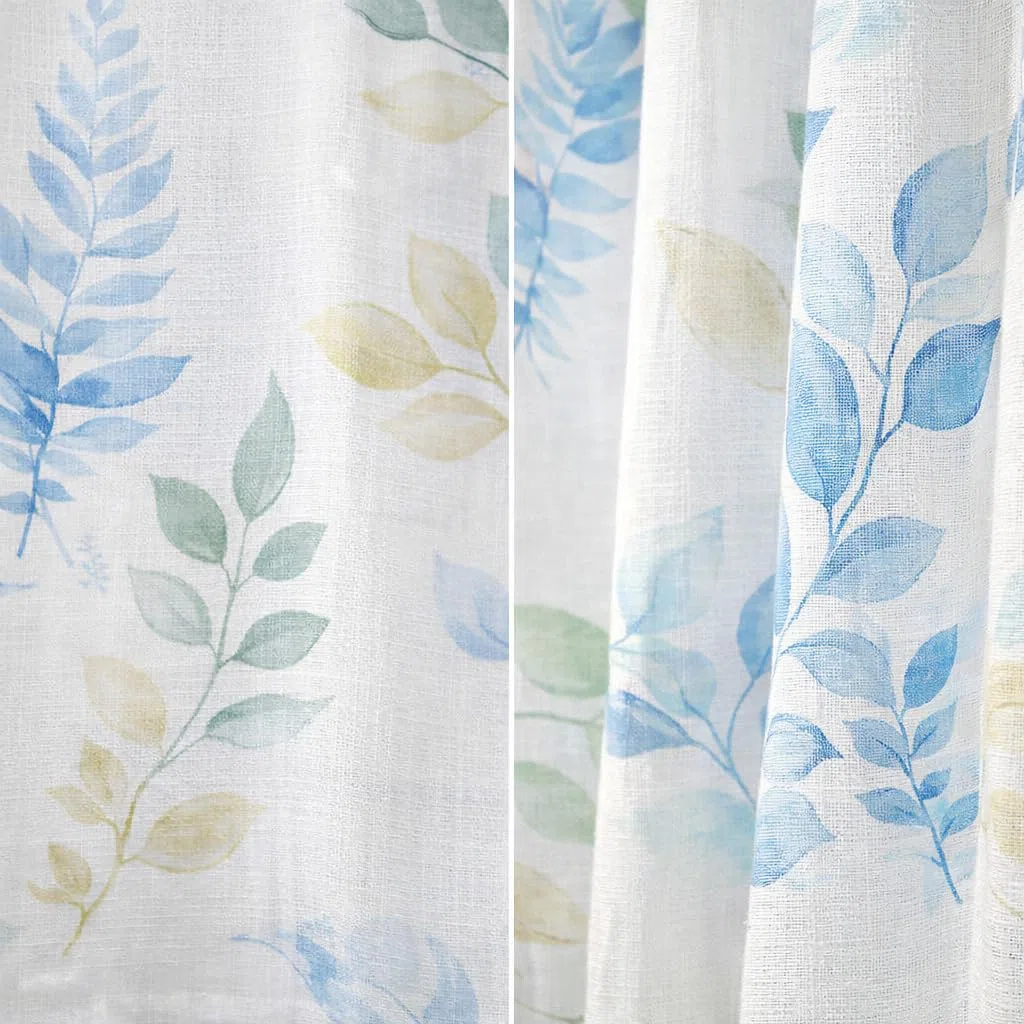 Home Tresor - Coppia Tende a Vetro | Tendine per Interni Primaverili Estive Stampa Foglie Floreale per Finestre e Porte, Cucina, Bagno,Soggiorno Mod. ARISTEA - 60x240 cm, Azzurro/Verde
