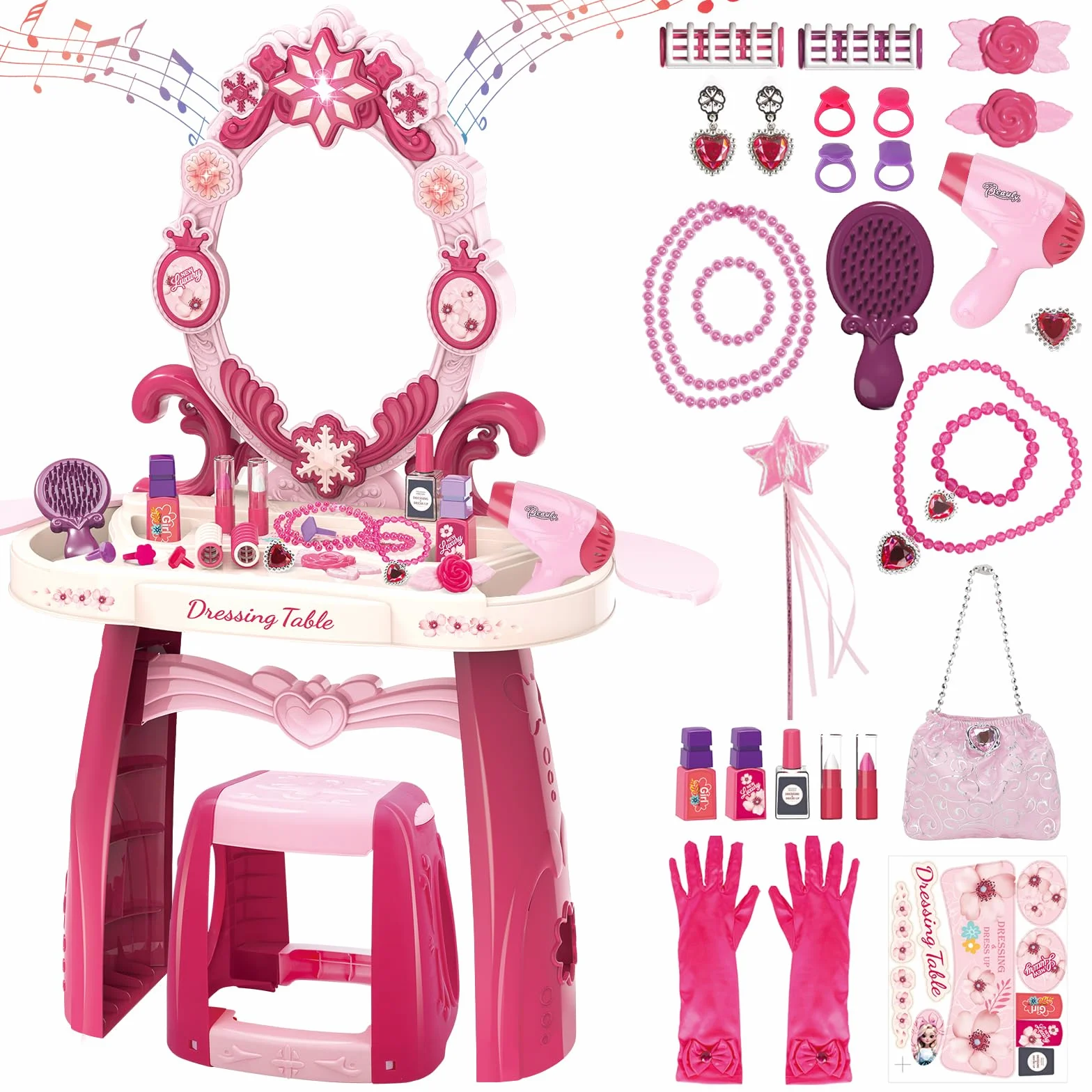 deAO Set Parrucchiera Bambina con Sgabello, Specchiera Trucco Bambina con Musica, Luce Salon Bambini Trucco Set per Ragazze Giochi Bambini da 3 Anni (Rosa)
