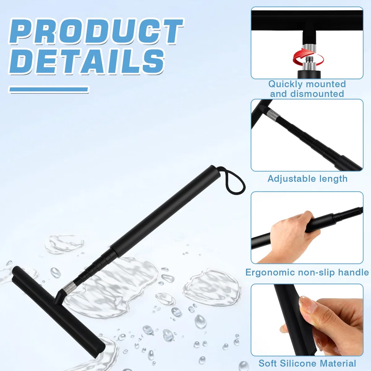 Tergivetro per Doccia,Tira Acqua da Doccia Estensibile 24-119.5cm,Lavavetri con Manico Telescopico, Silicone Pulisci Vetro Doccia per la Pulizia di Pareti, Piastrelle e Finestre della Doccia-Nero